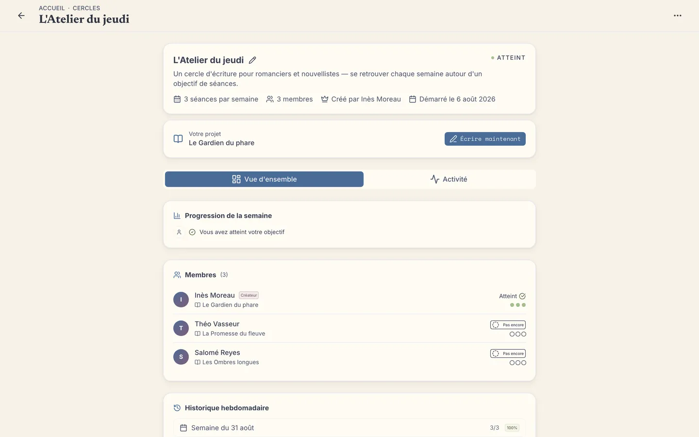 La communauté d'écriture : les cercles et le fil d'activité qui vous portent.