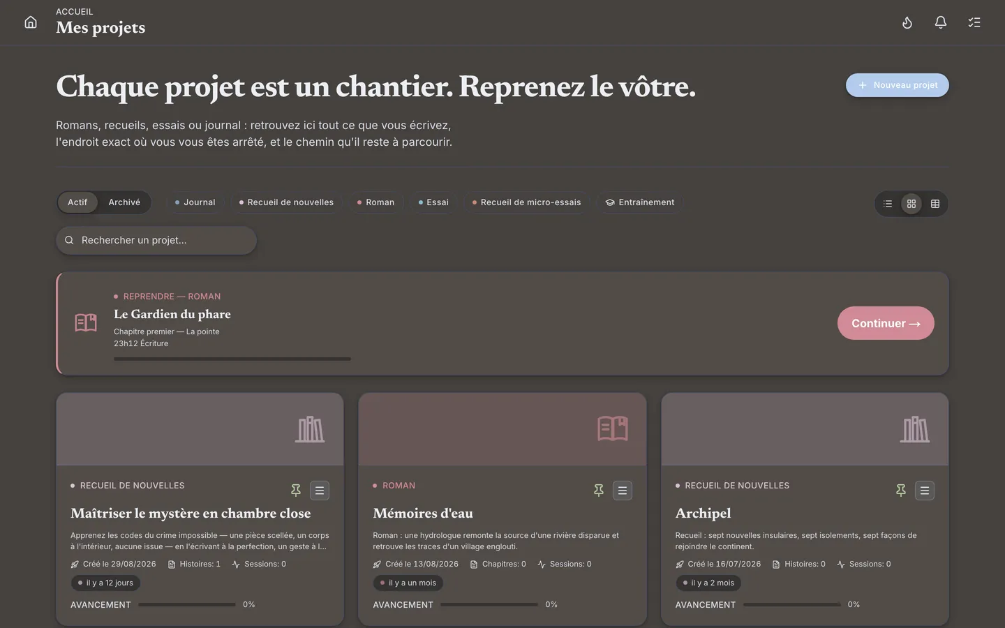 Vos projets en un coup d'œil : tout ce que vous écrivez, réuni au même endroit.