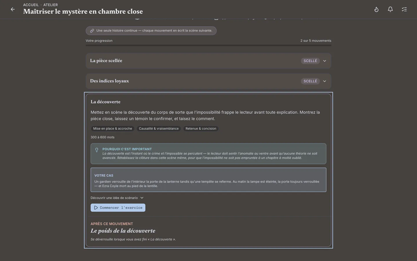 Le parcours d'entraînement : le prochain exercice de votre parcours, son brief, et la relecture de votre relecteur — au même endroit.