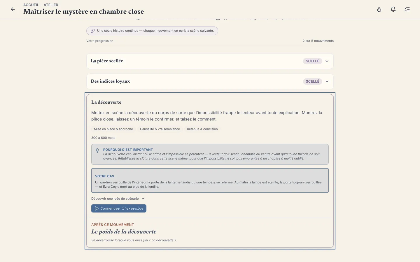 Le parcours d'entraînement : le prochain exercice de votre parcours, son brief, et la relecture de votre relecteur — au même endroit.