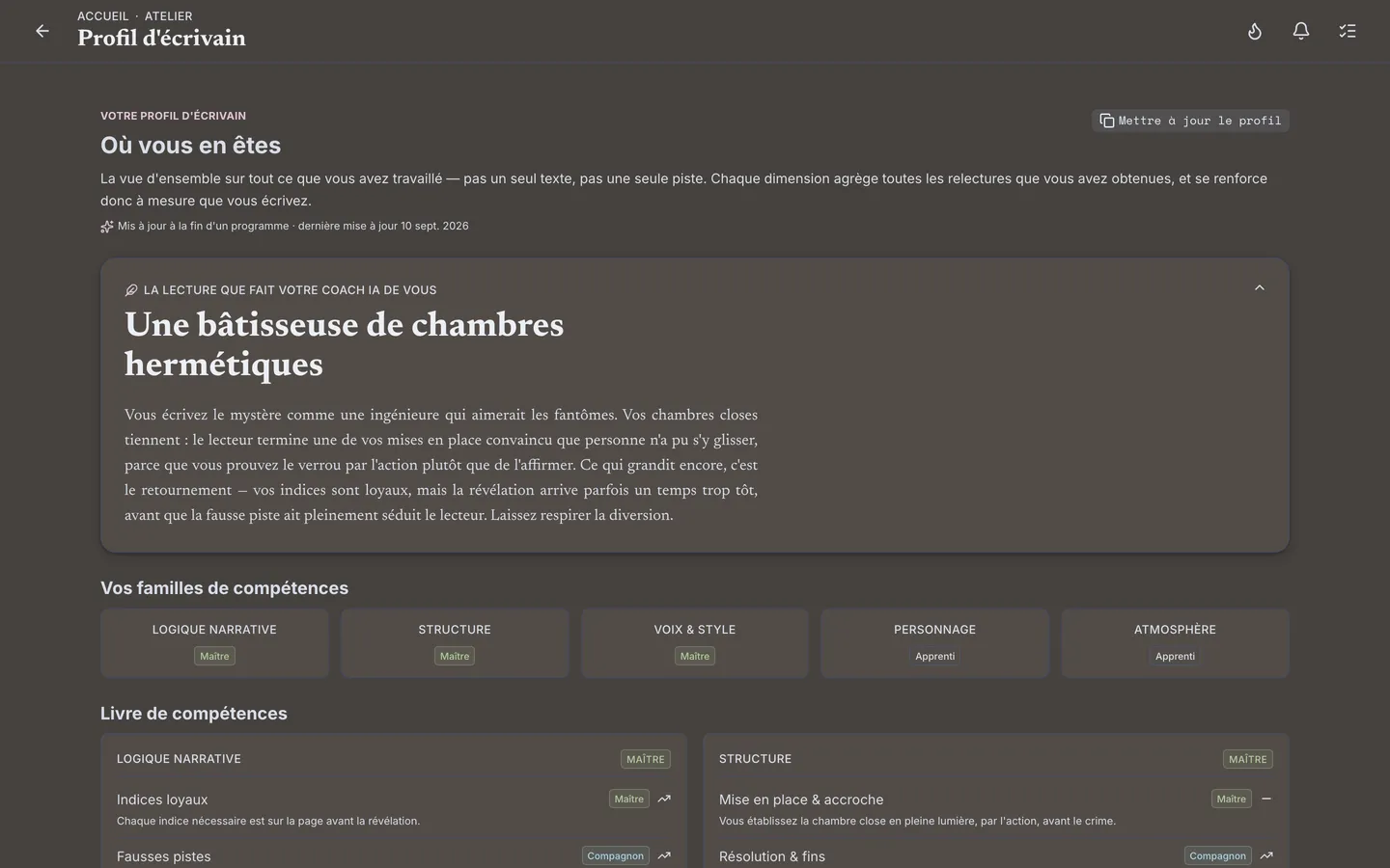 Votre profil d'auteur : où vous en êtes dans le métier, et quoi travailler ensuite — nourri par chaque relecture.