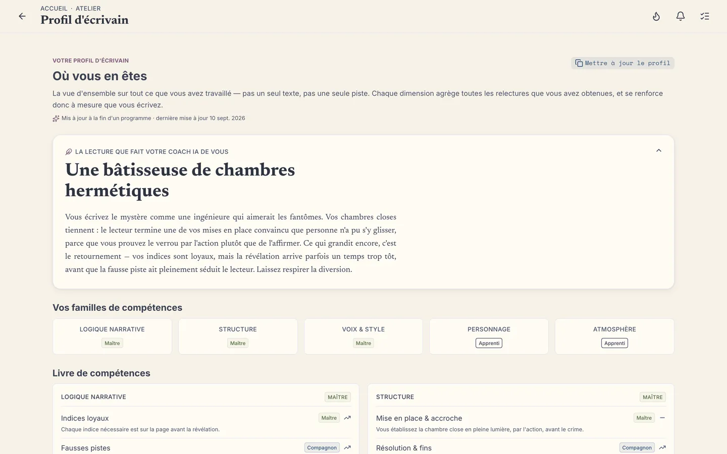 Votre profil d'auteur : où vous en êtes dans le métier, et quoi travailler ensuite — nourri par chaque relecture.