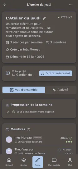 La communauté d'écriture : les cercles et le fil d'activité qui vous portent.