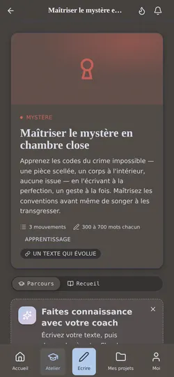 Le parcours d'entraînement : le prochain exercice de votre parcours, son brief, et la relecture de votre coach — au même endroit.