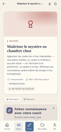 Le parcours d'entraînement : le prochain exercice de votre parcours, son brief, et la relecture de votre coach — au même endroit.
