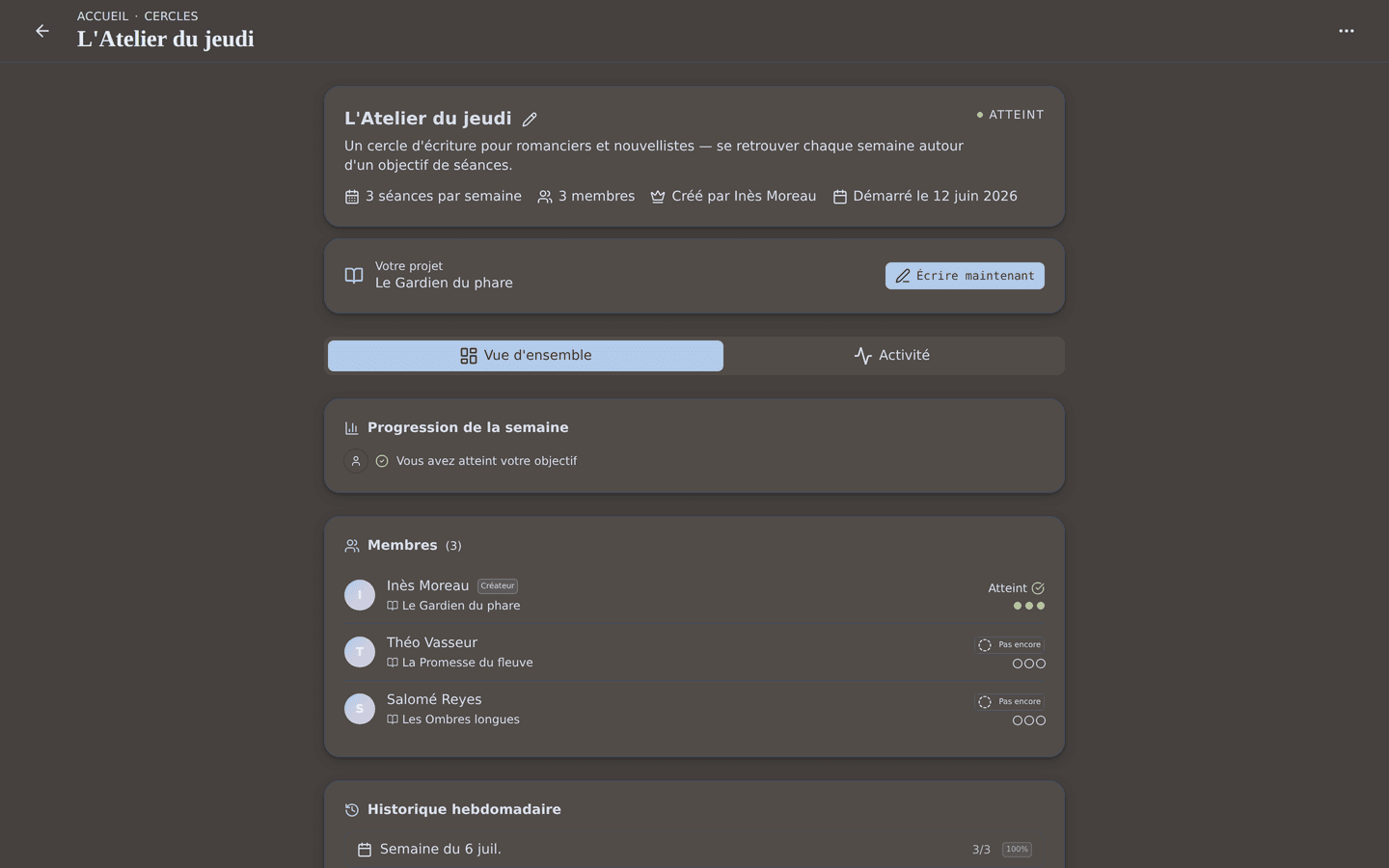 La communauté d'écriture : les cercles et le fil d'activité qui vous portent.