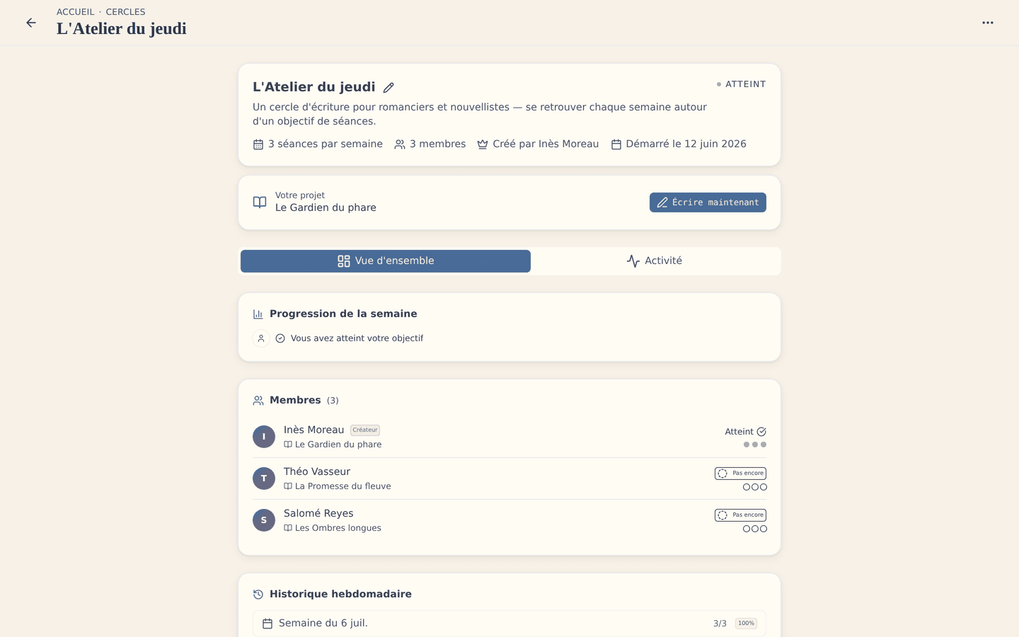 La communauté d'écriture : les cercles et le fil d'activité qui vous portent.