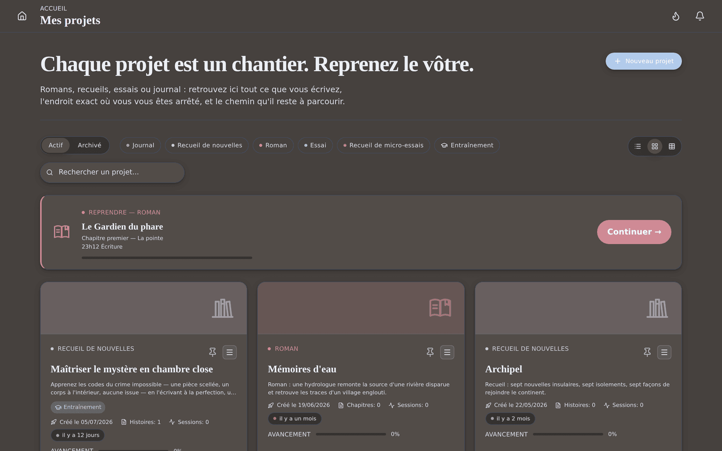 Vos projets en un coup d'œil : tout ce que vous écrivez, réuni au même endroit.
