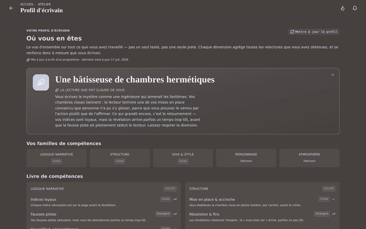 Votre profil d'auteur : où vous en êtes dans le métier, et quoi travailler ensuite — nourri par chaque relecture du coach.