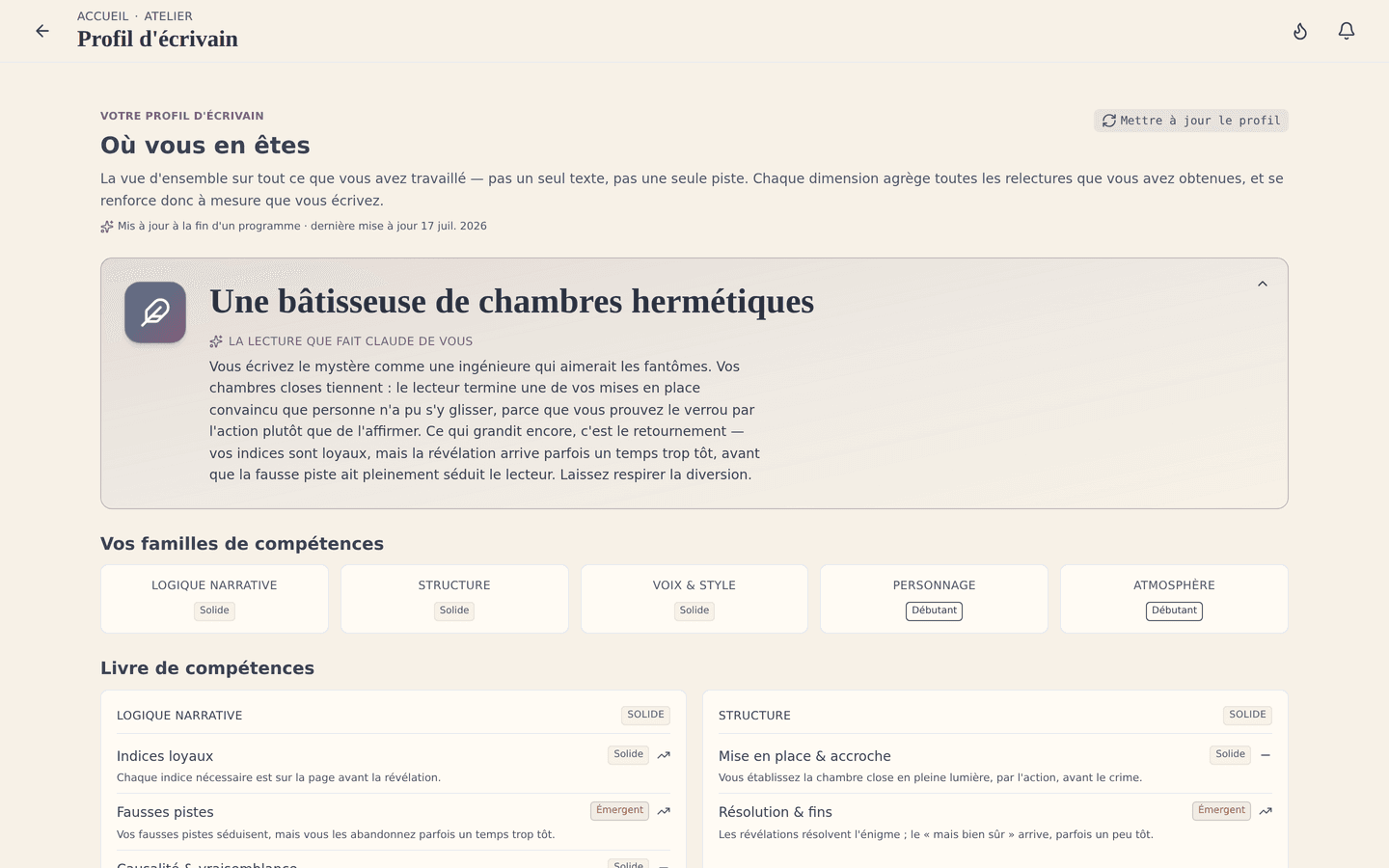 Votre profil d'auteur : où vous en êtes dans le métier, et quoi travailler ensuite — nourri par chaque relecture du coach.