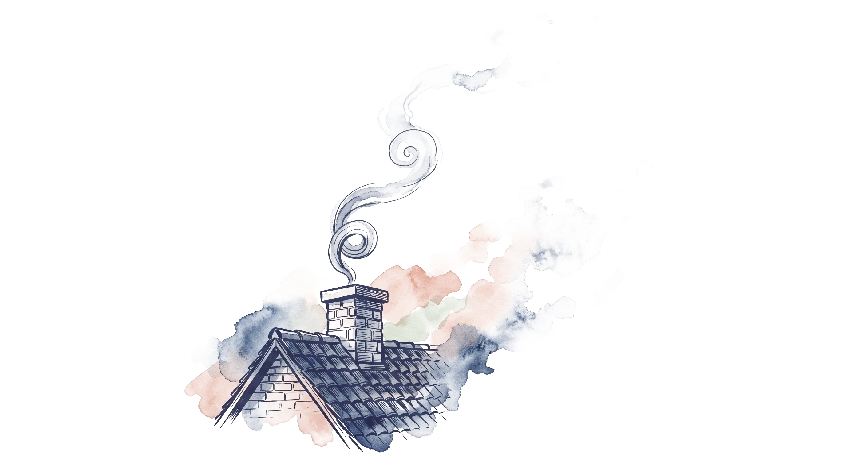 Illustration à l'encre et à l'aquarelle d'une cheminée sur un toit, un filet de fumée s'élevant en volutes qui se dissolvent vers le haut du cadre