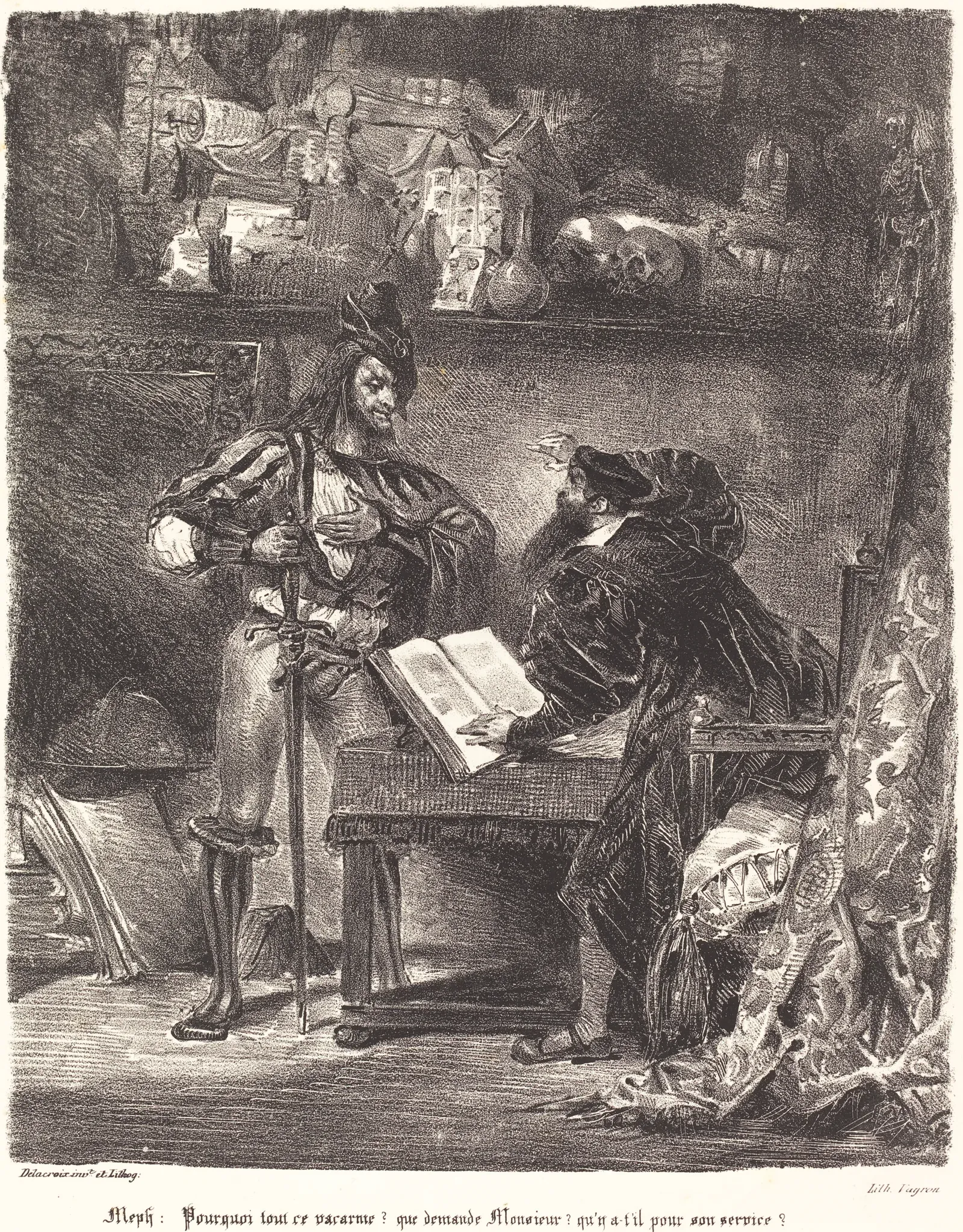 Lithographie de Delacroix montrant Méphistophélès apparaissant à Faust